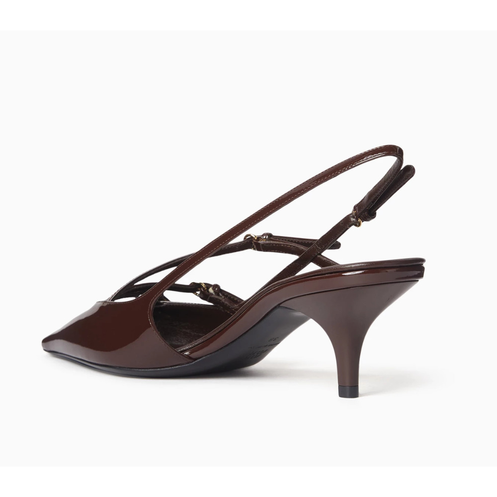 Miu Miu 55 Cacao Brown Patent Buckle Trio Pointed Slingback Kitten Heel Pump 38 - Picture 12 of 16
